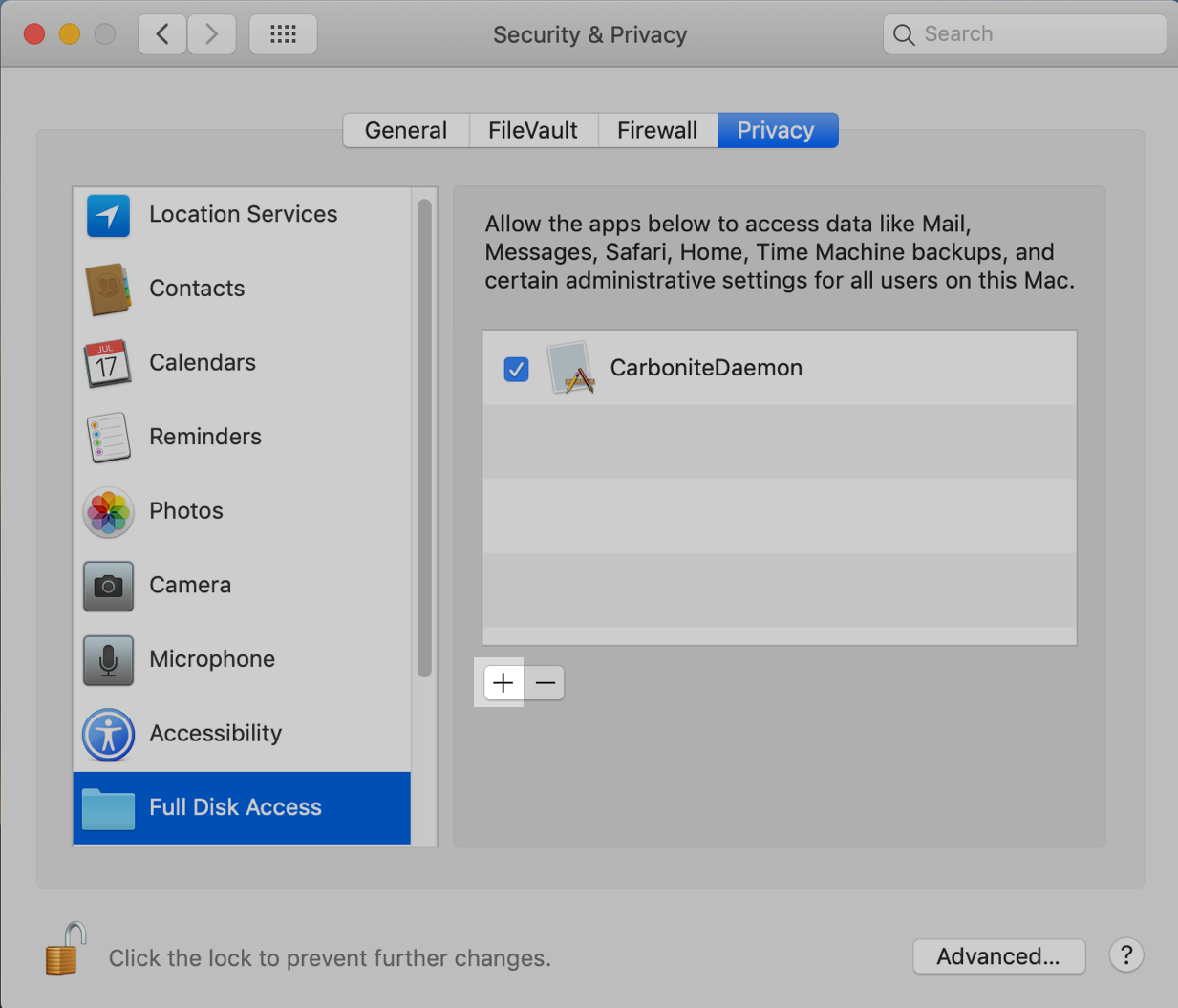 macOS: Click the + button to add an Application to Full Disk Access