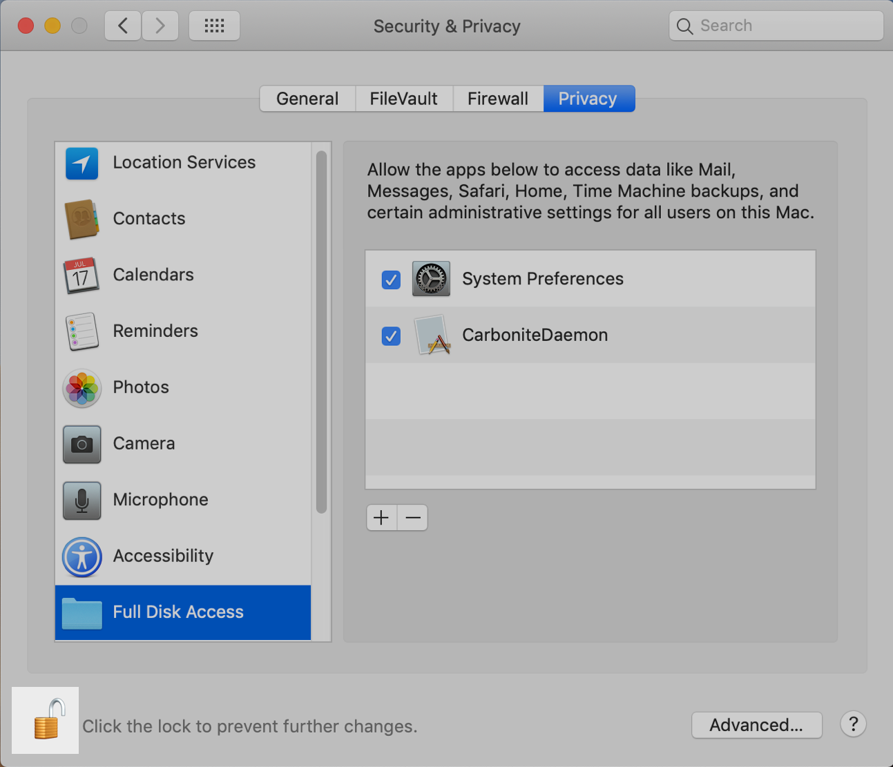 macOS System Preferences: Click Padlock to prevent changes