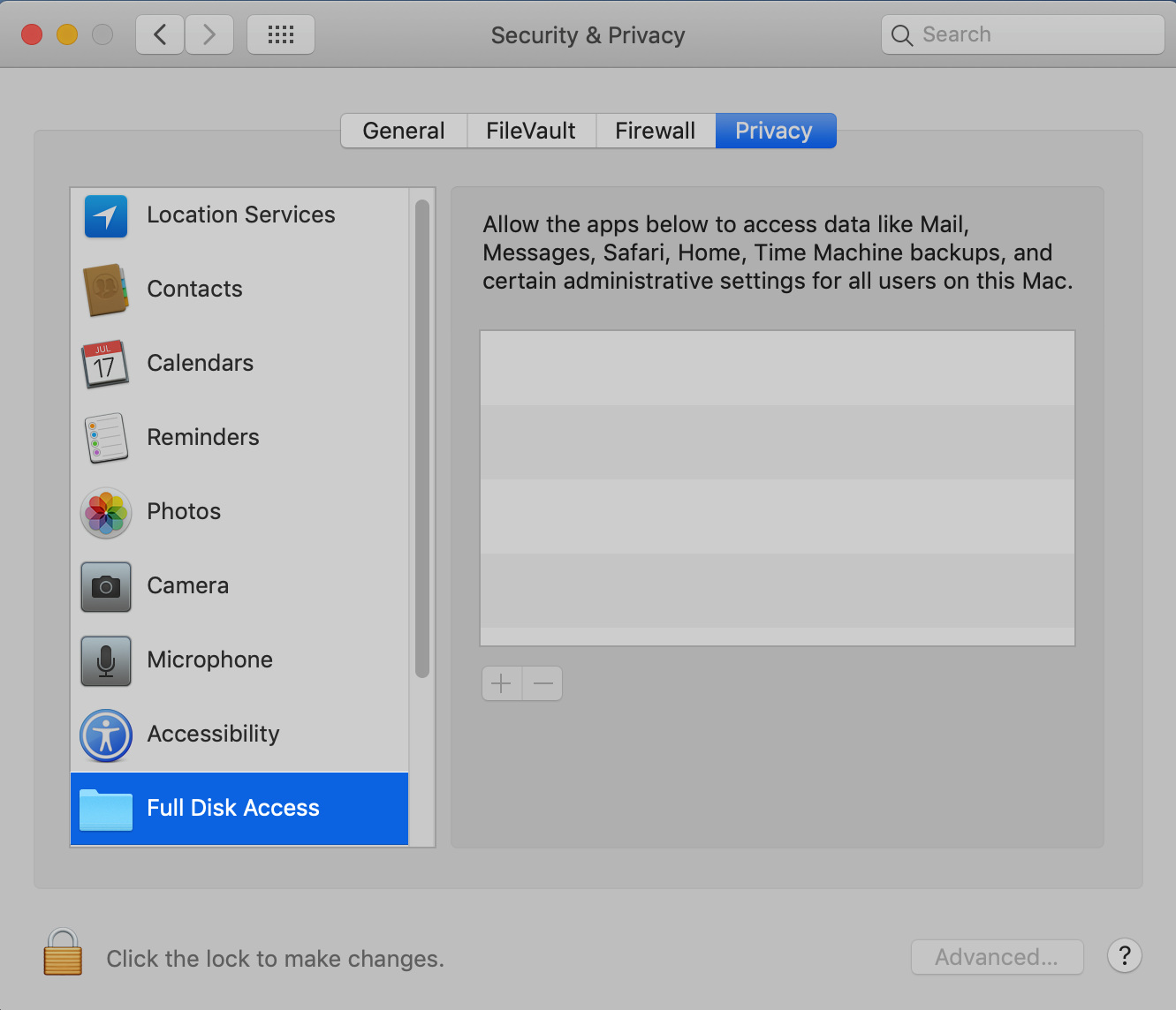 macOS Privacy tab: Select Full Disk Access