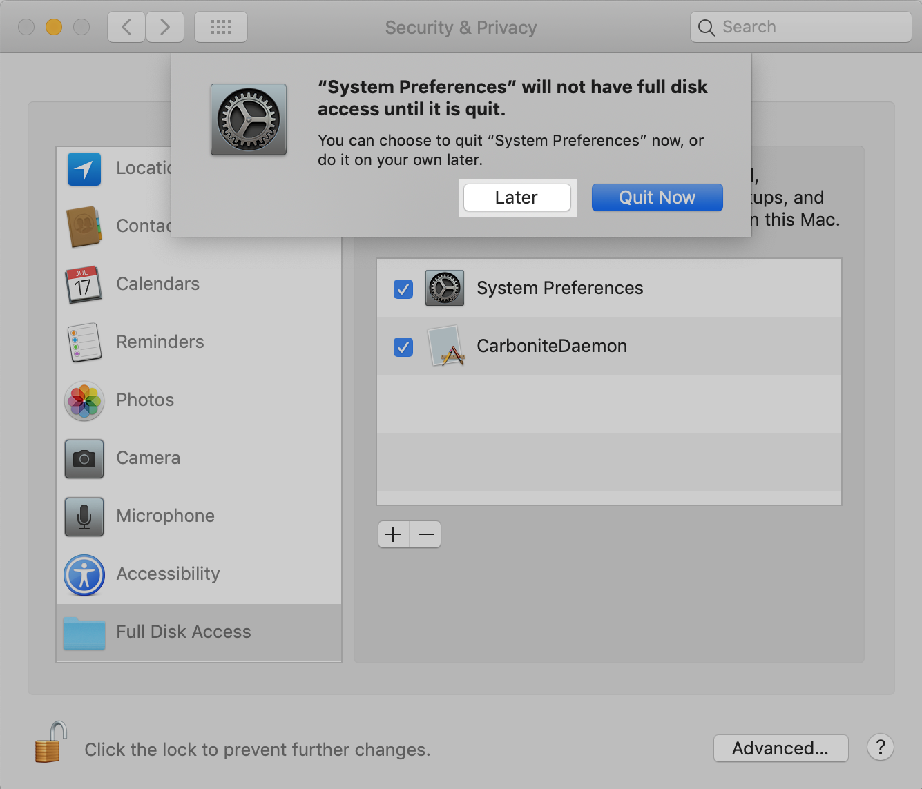 macOS Full Disk Access Pop-Up: Click Later