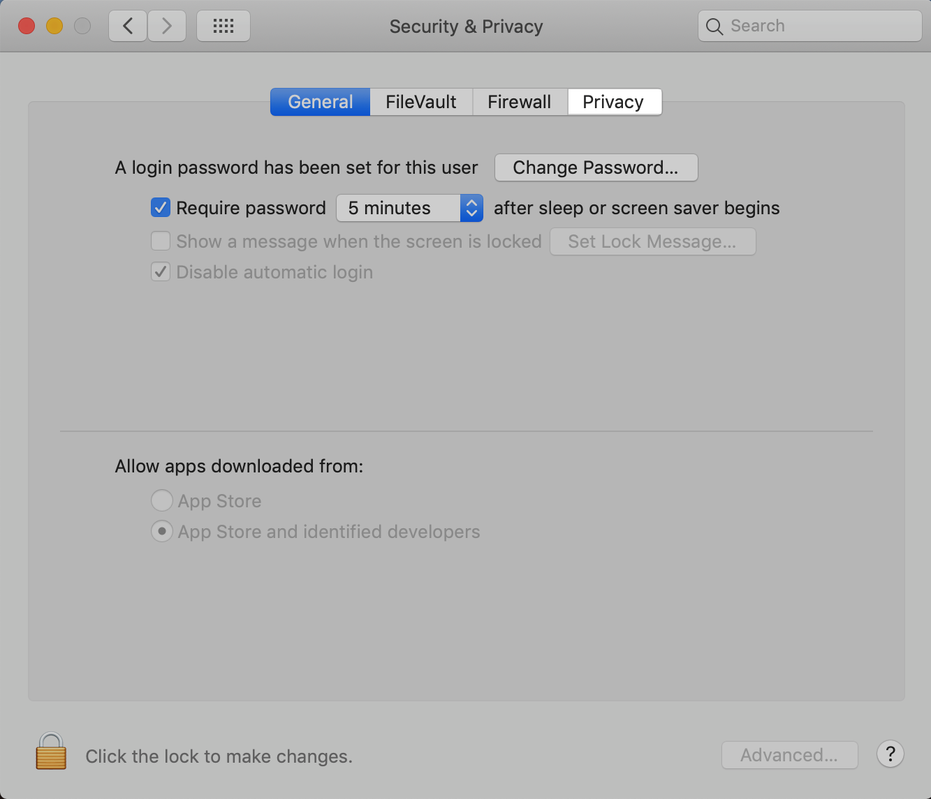macOS Security and Privacy: Click the Privacy tab