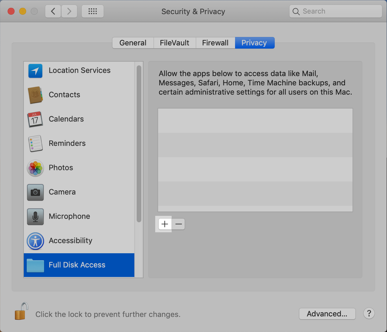 macOS System Preferences: Click +