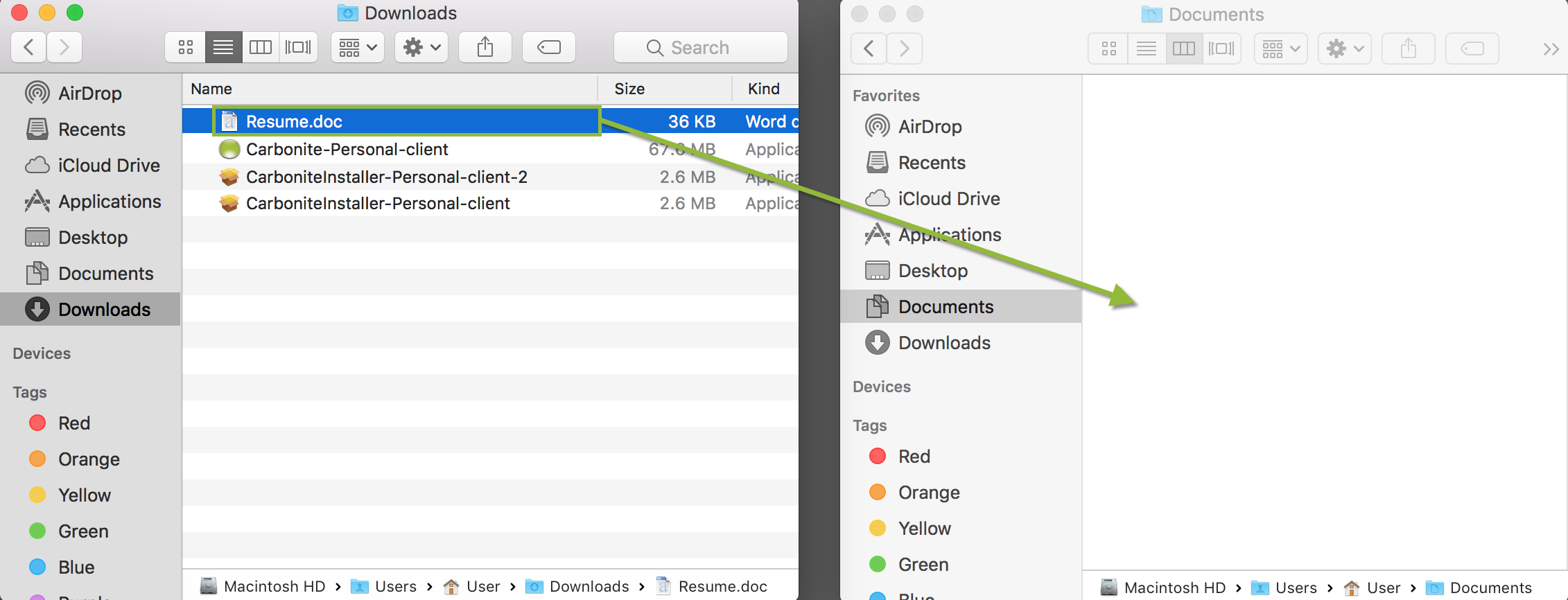 macOS Finder: Dragging and dropping files from Downloads to Documents
