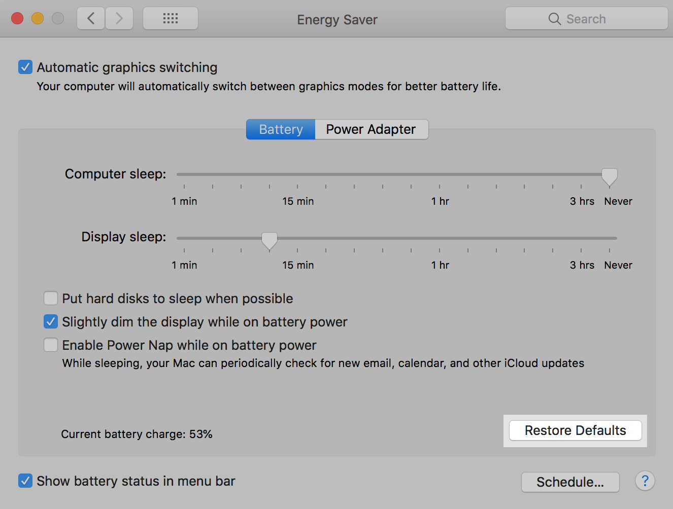 macOS Energy Saver: Restore Defaults