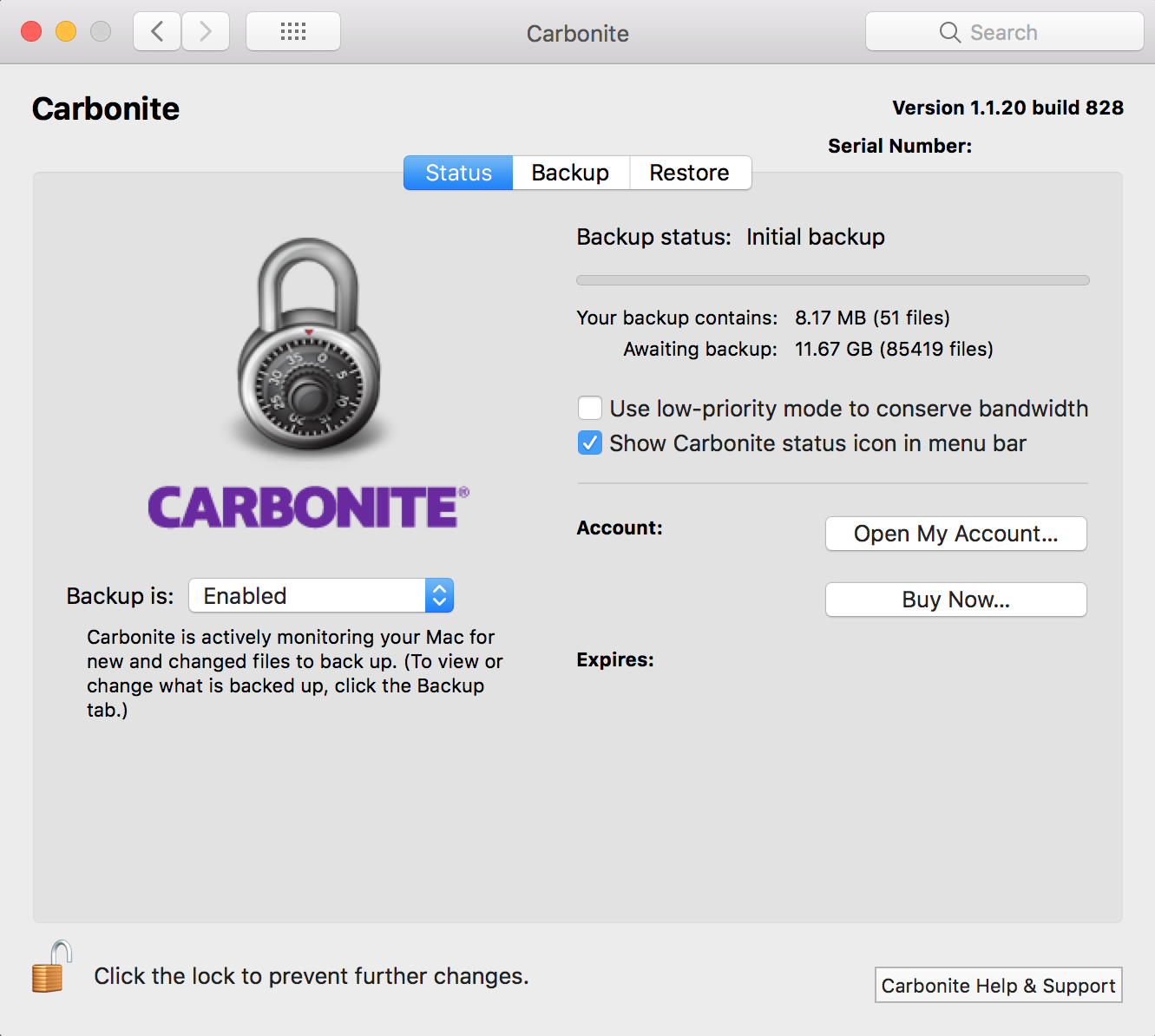 Carbonite 1.x Client: Backup Status