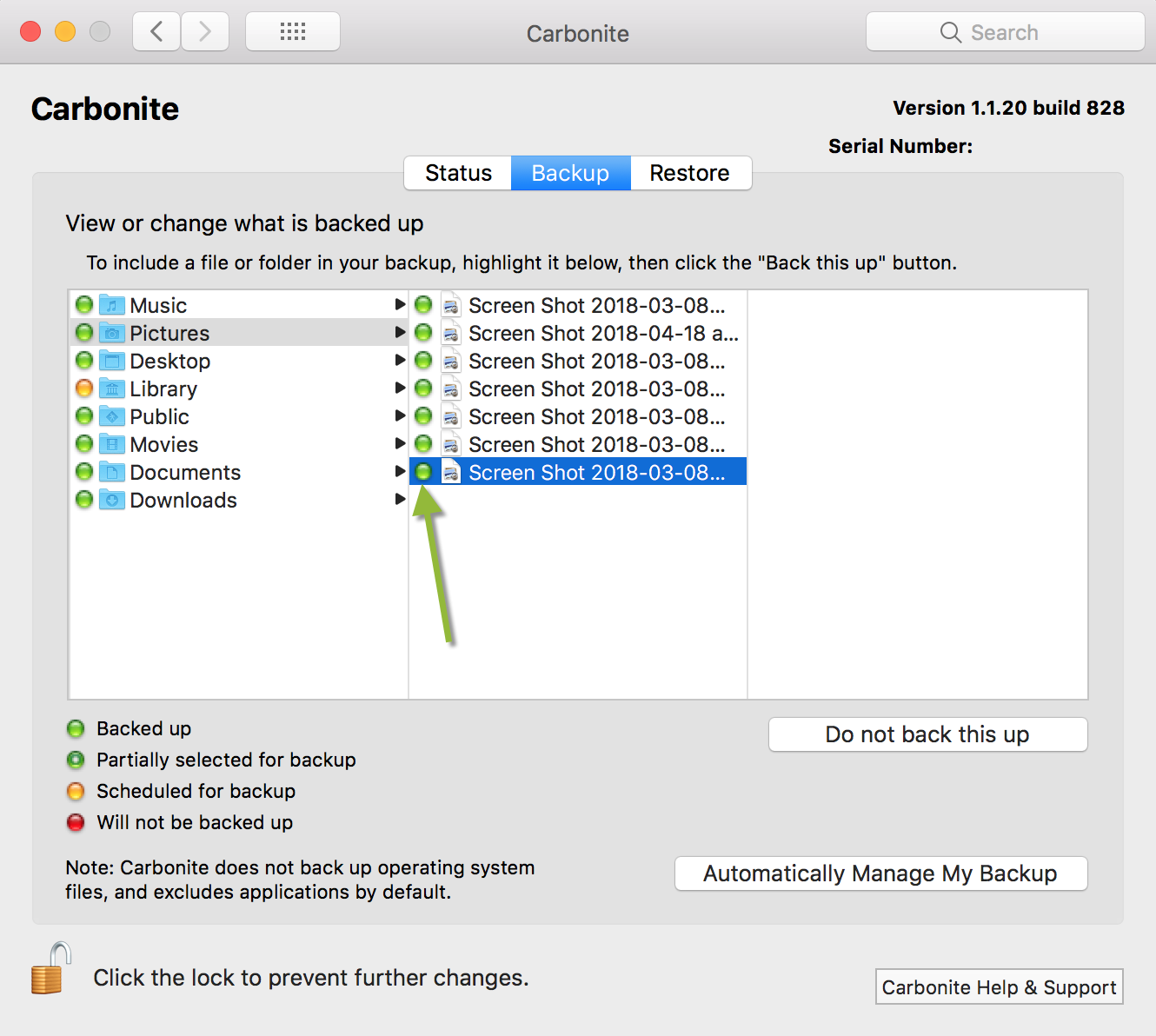 Backup Tab: File is Backed Up