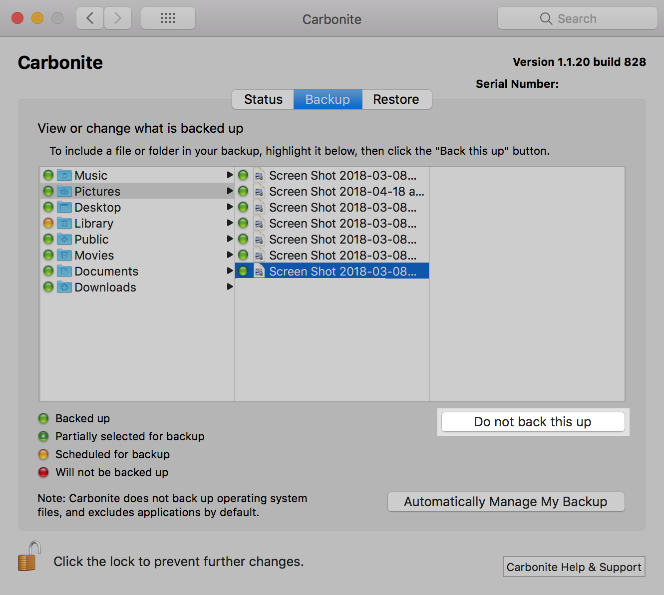 Carbonite 1.x for Mac: With the file selected, click Do not back this up.