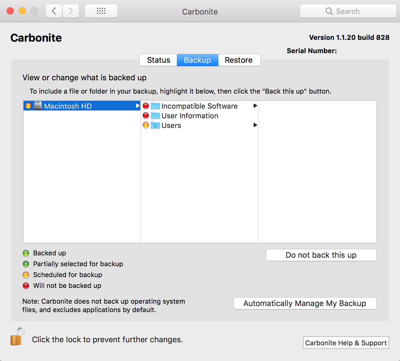 Carbonite Preference Pane: Backup Tab