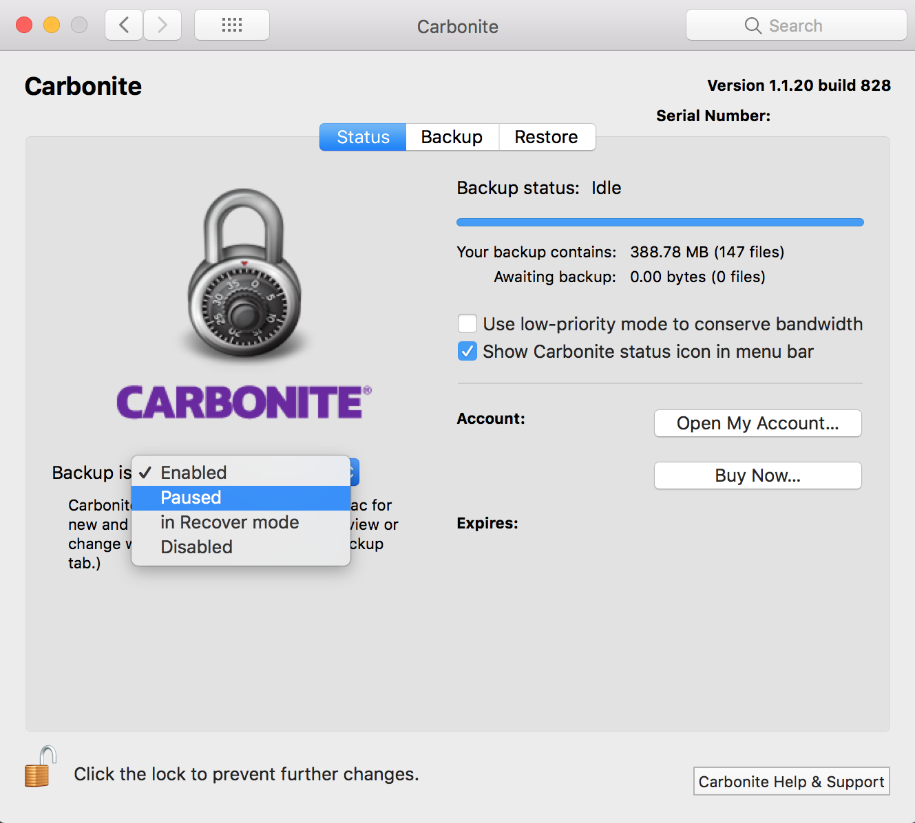 Carbonite Preference Pane: Paused