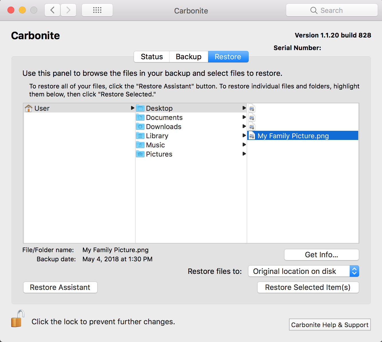 Carbonite Preference Pane: Restore Tab