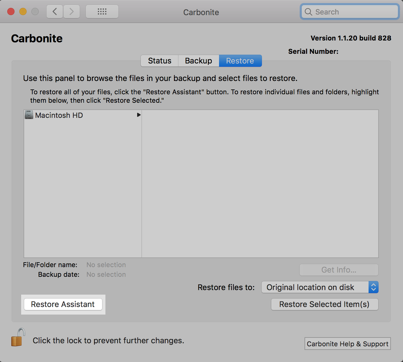 Carbonite Preference Pane: Restore Tab