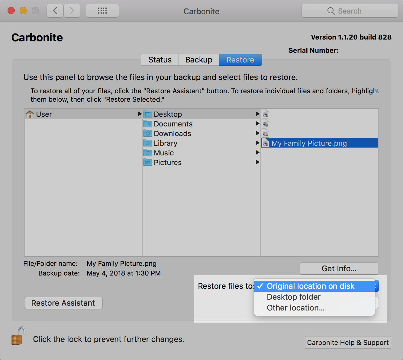 Carbonite Mac 1.x Client: Restore files to Original location on disk