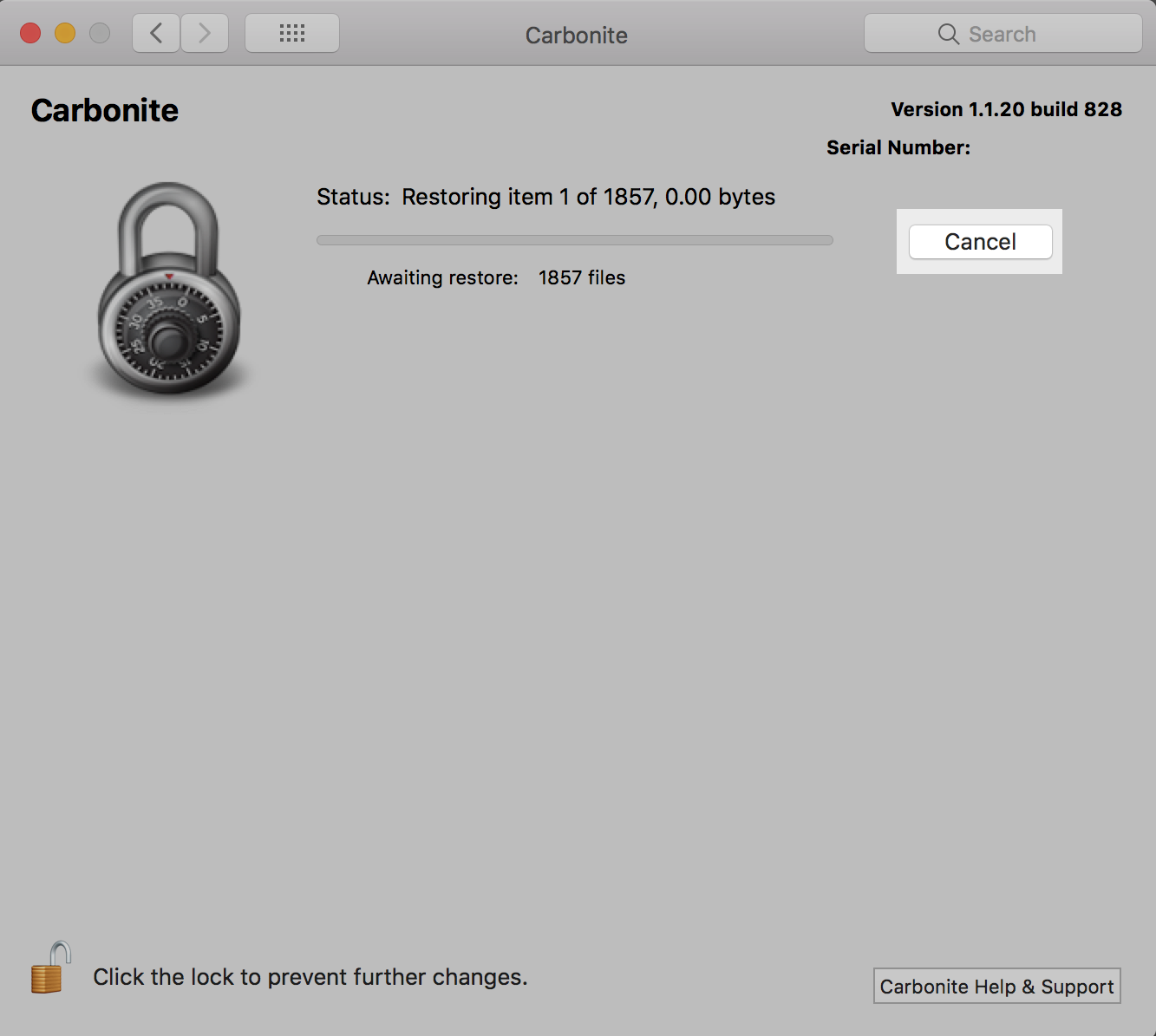 Carbonite Preference Pane: Restore Status