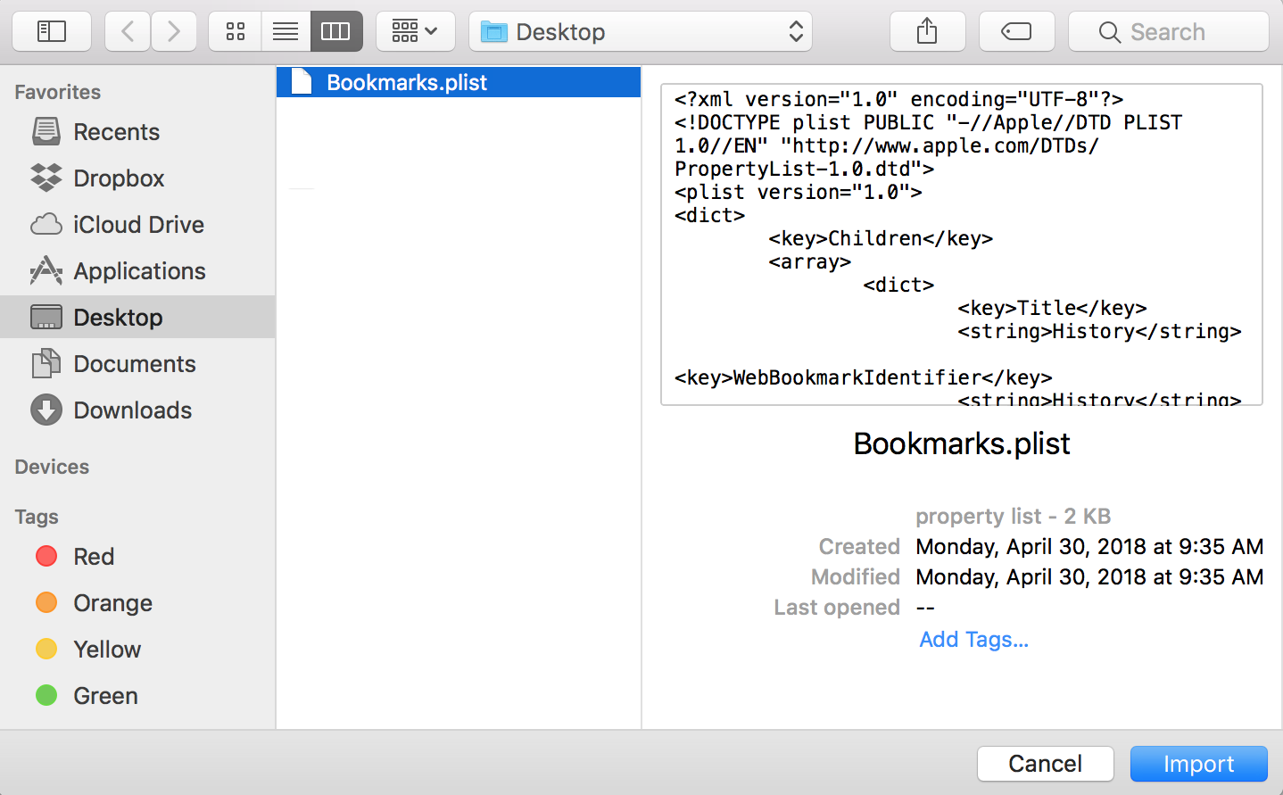 Import the Bookmarks.plist file