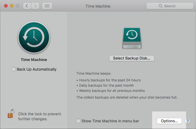 Open Time Machine and Click Options
