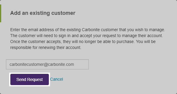 Partner Dashboard: Add an existing customer's email and click Send Requests