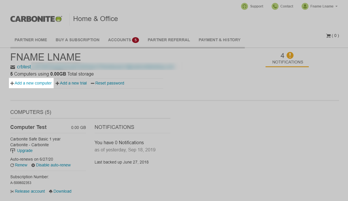 Partner Dashboard: Click Add a new computer