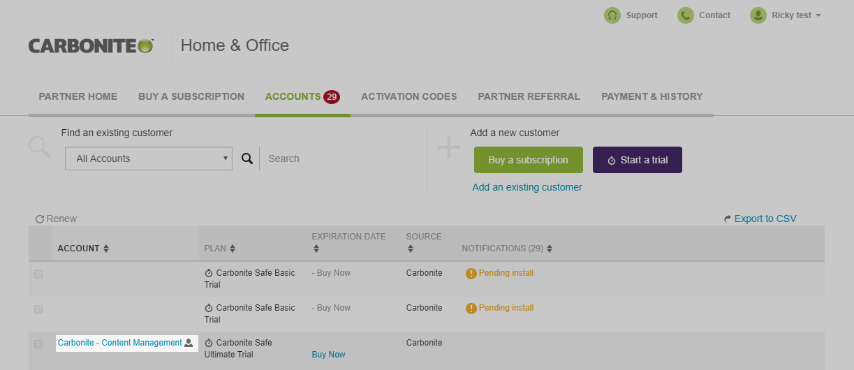 Partner Dashboard: Click Account