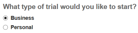 Partner Portal: What type of trial would you like to start? Business or Personal