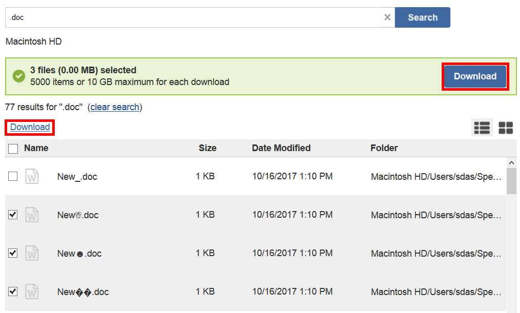 Check the files you wish to download and click Download.