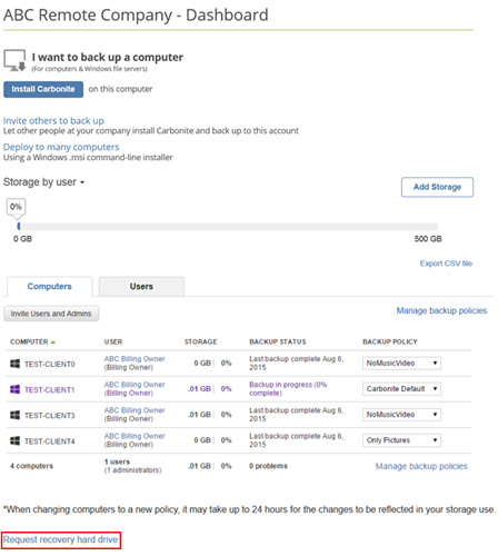 From your Carbonite Safe Backup Pro login page, click Request Courier Recovery to request an external hard drive for one of your computers that is backed up with Carbonite.