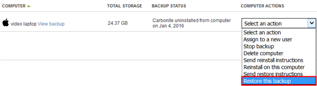 Safe Backup Pro User selecting Restore this backup