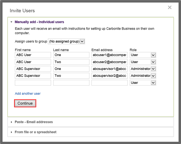 After adding names, email addresses, and roles, click Continue to invite the users to the Carbonite Safe Backup Pro account.