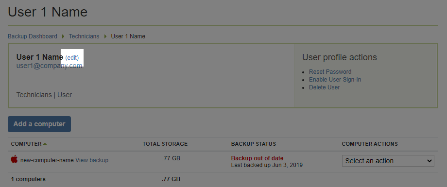 A user profile in the Carbonite Dashboard with the ''(edit)'' link highlighted