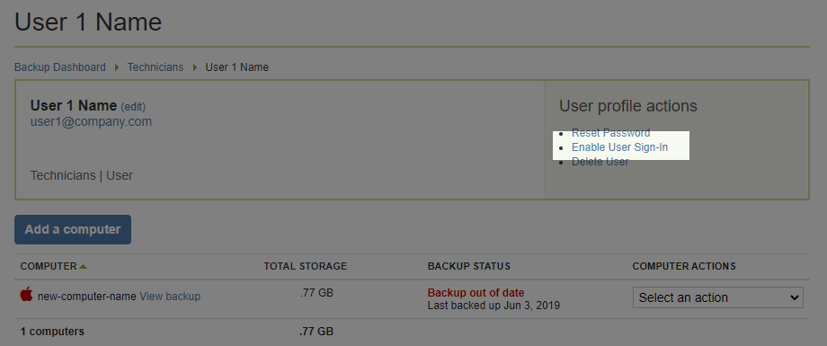 The ''Enable User Sign-In'' link highlighted in a user profile