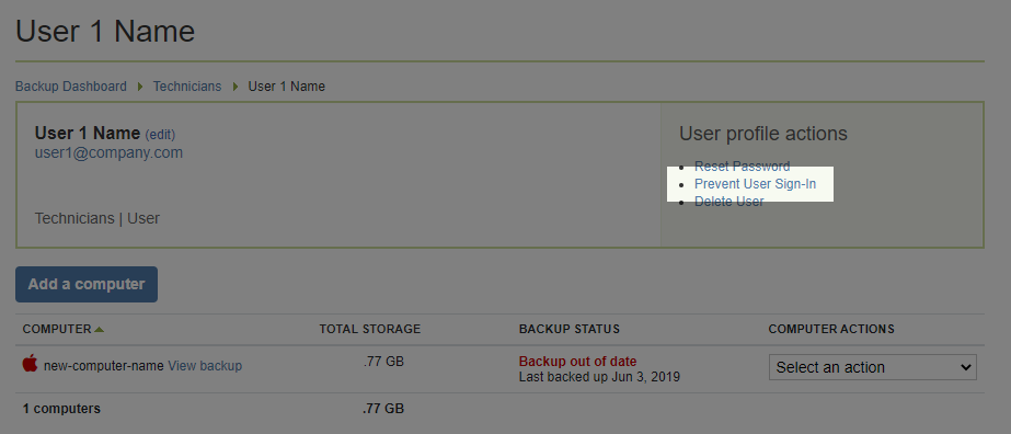 The ''Prevent User Sign-In'' link highlighted in a user profile