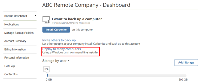 Carbonite Safe Backup Pro Portal Administator View: Deploy to many computers