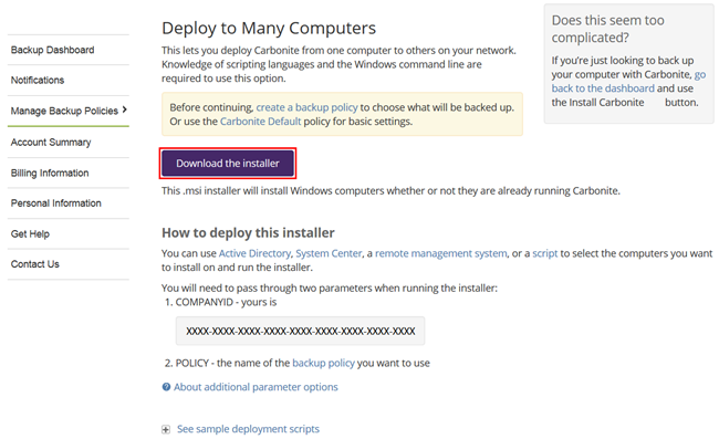 Carbonite Safe Backup Pro Portal Administator View: Download the installer