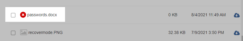 Sample restricted file showing red x icon in Anytime Anywhere Access