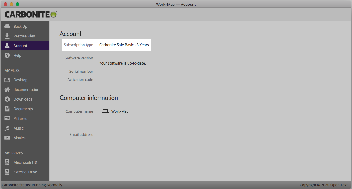 Account tab shows Carbonite plan under Subscription type