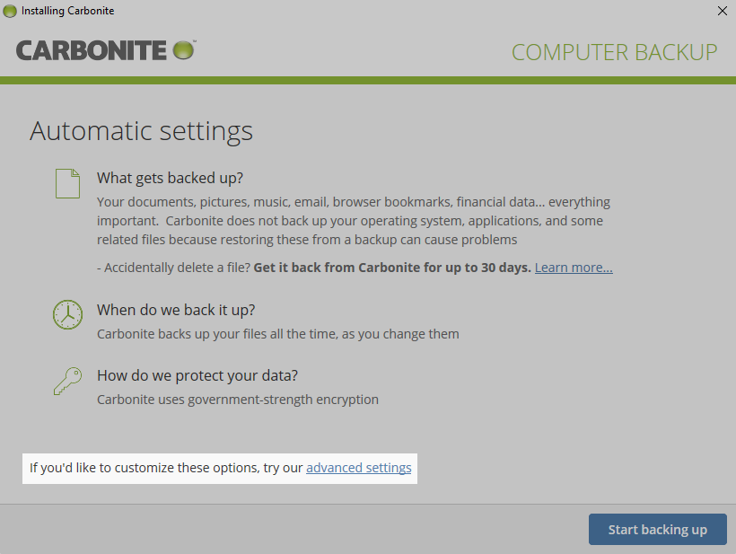 Carbonite Client: Click advanced settings