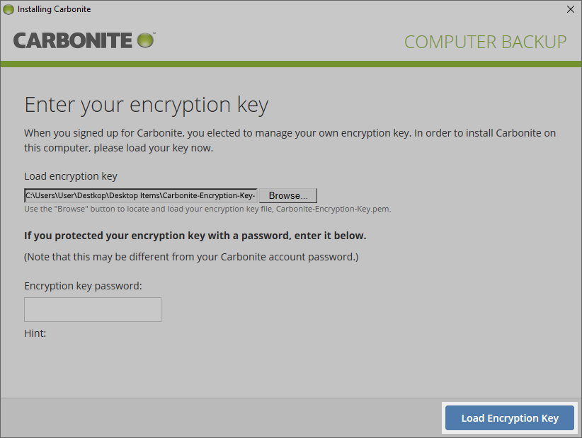 Carbonite Client: Click Load Encryption Key
