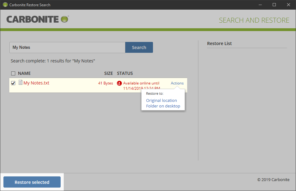 Choose a restore actions