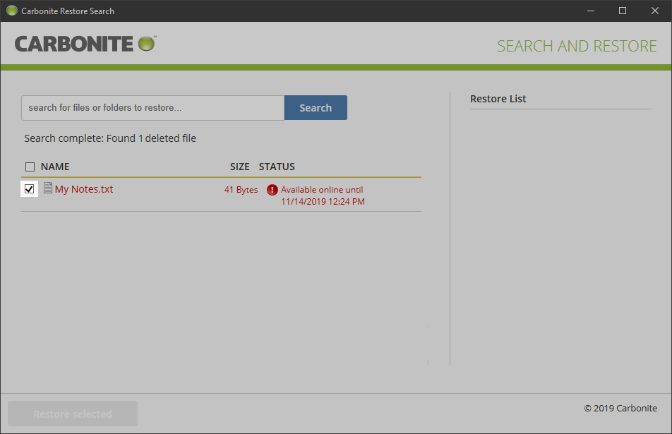 Select the box of the deleted file