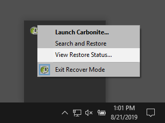 Right-click on the Carbonite icon and click View Restore Status...