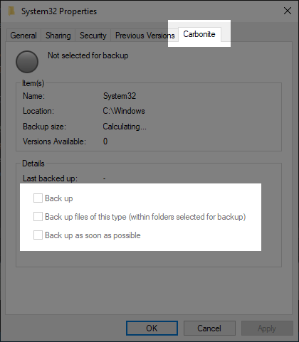File Properties window with the ''Carbonite'' tab highlighted on a hard excluded folder