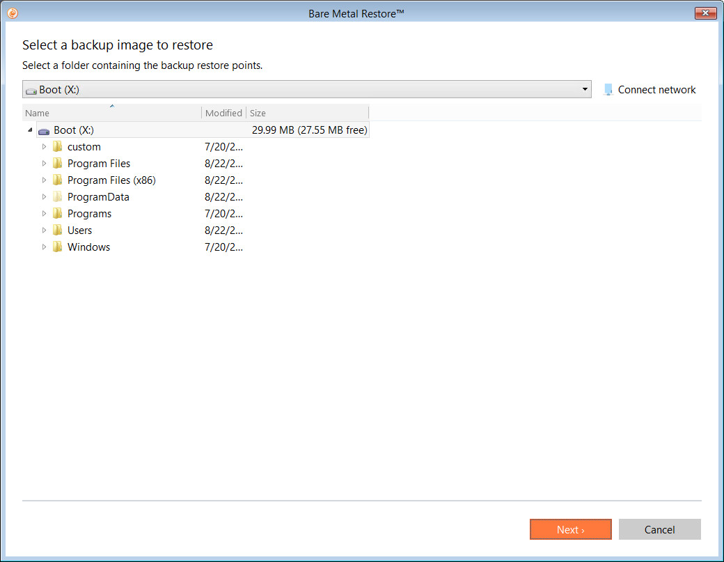 Select a backup image to restore