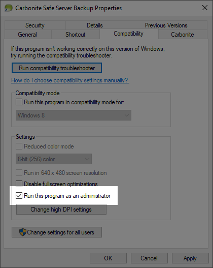 Carbonite Safe Server Backup: Properties with ''Run this program as an administrator'' selected
