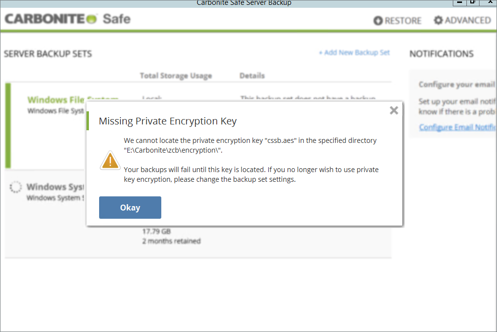 Carbonite Safe Server Backup displaying a ''Missing Private Encryption Key'' error