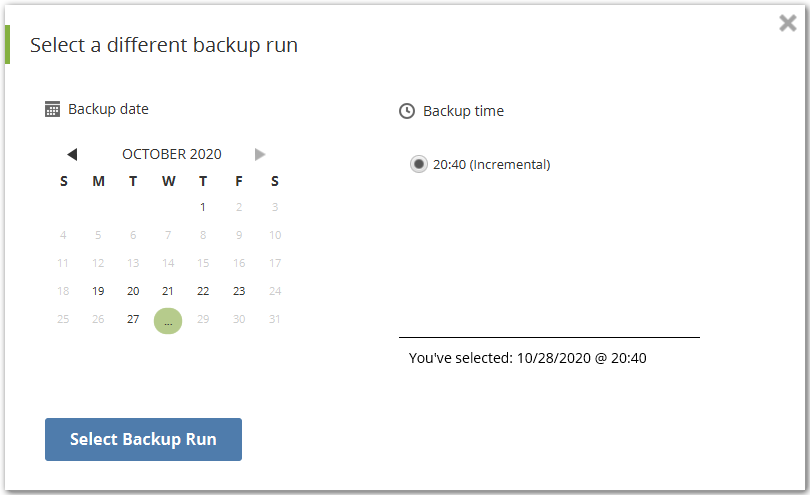 Selecting a different backup run via calendar view