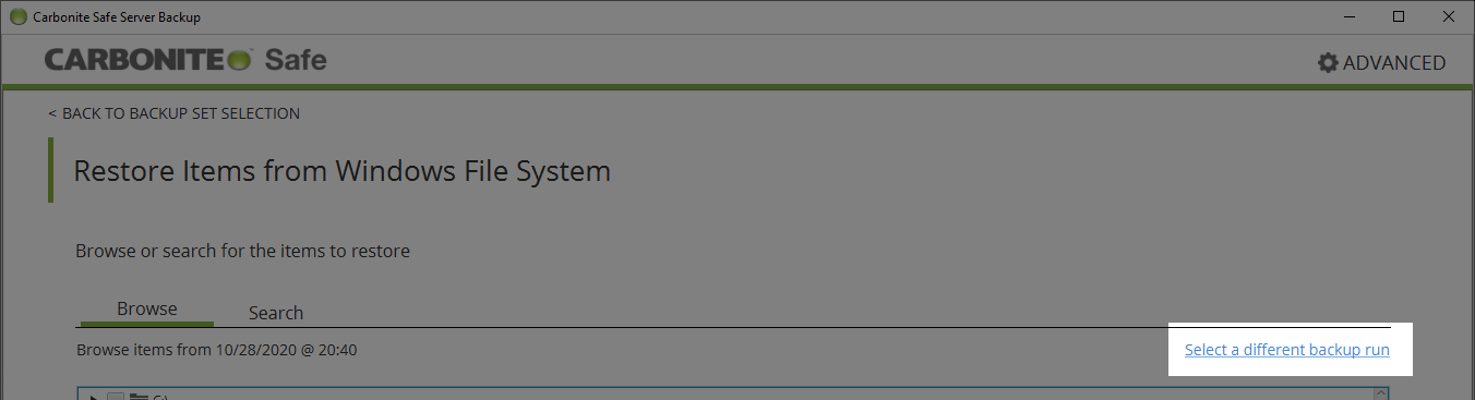 ''Select a different backup run'' option highlighted in the Restore screen