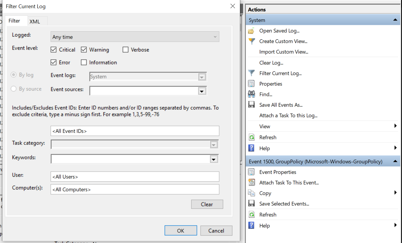 Setting filters in Event Viewer