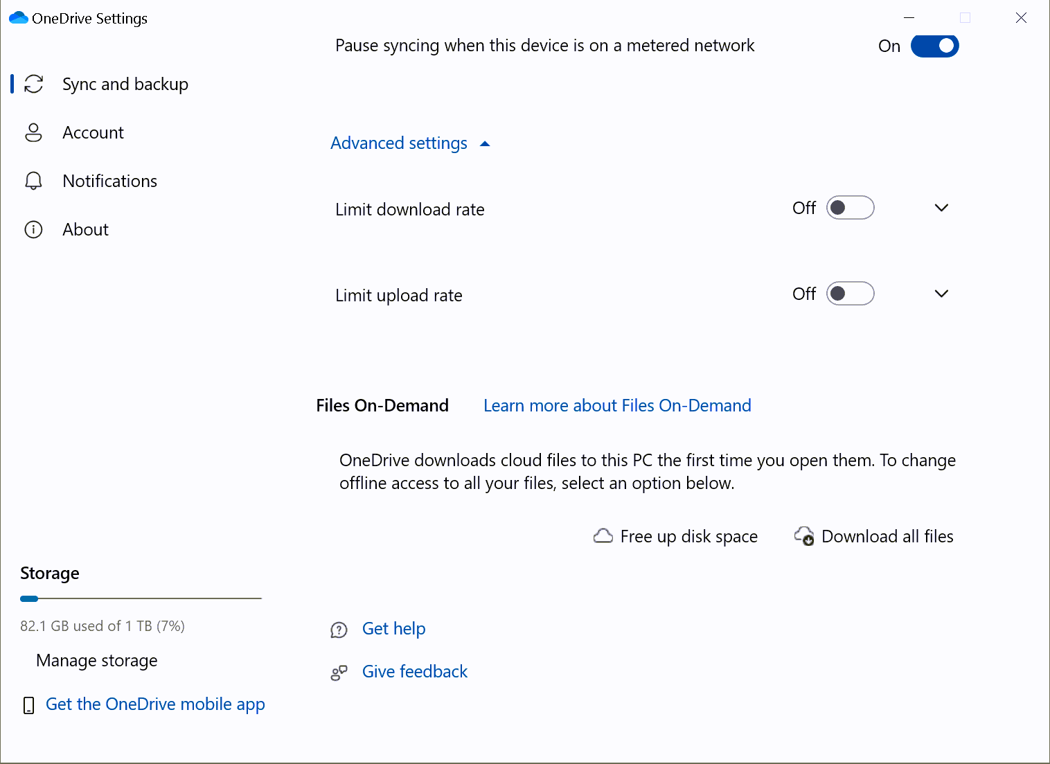 OneDrive Settings: Files On-Demand slider
