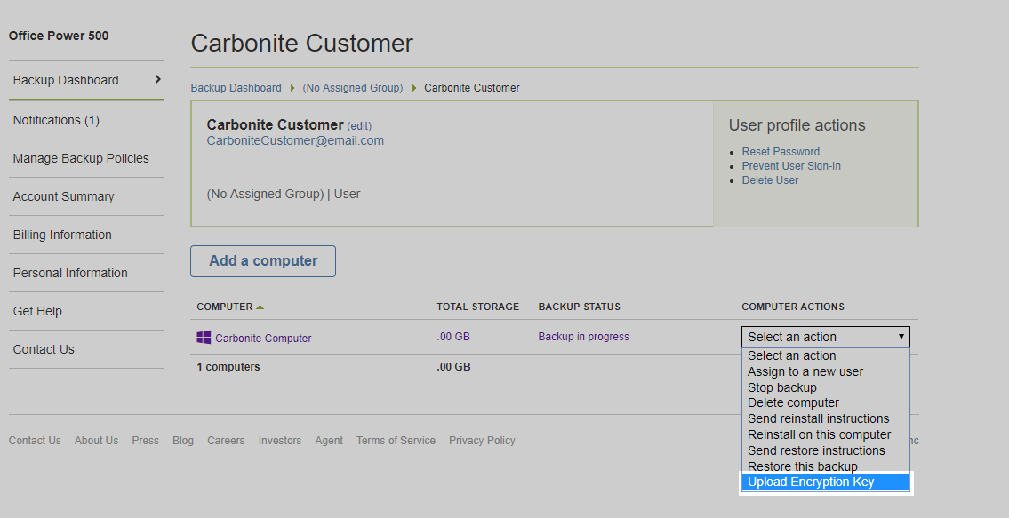 Carbonite Safe Backup Pro Portal: From the Select an Action dropdown, click Upload Encryption Key