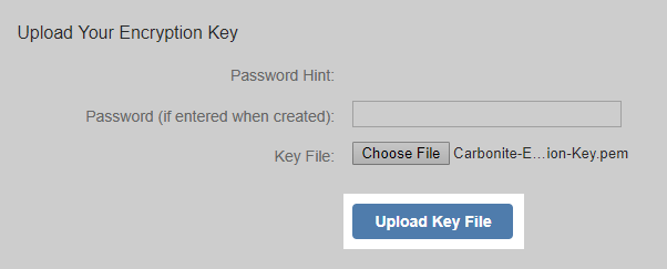 Carbonite Safe Backup Pro Portal: Click Upload Key File to upload the selected .PEM to Carbonite