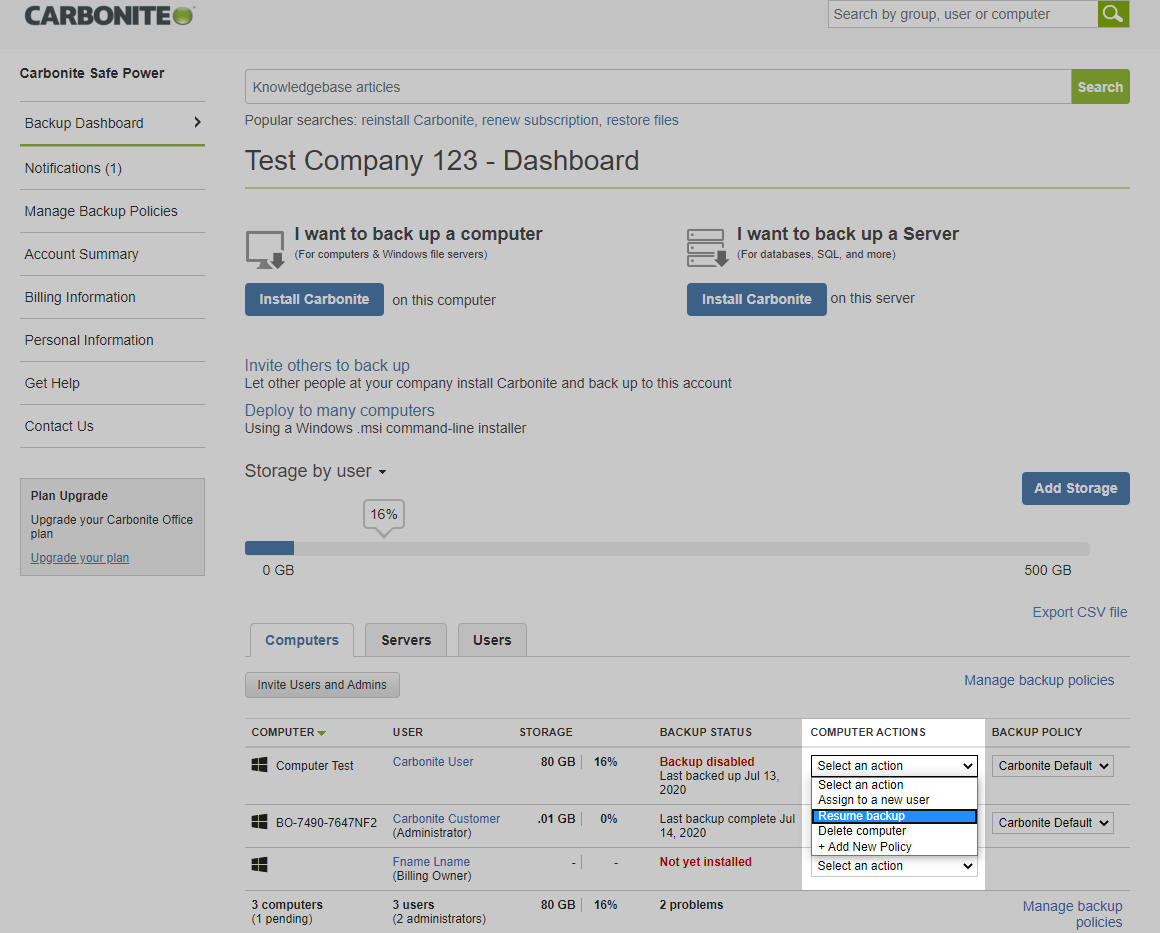 Select Resume backup